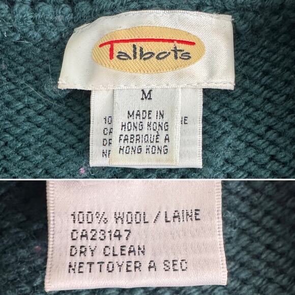 Vintage Talbots 100% wool pine tree cardigan sweater green white size medium M - Picture 6 of 7